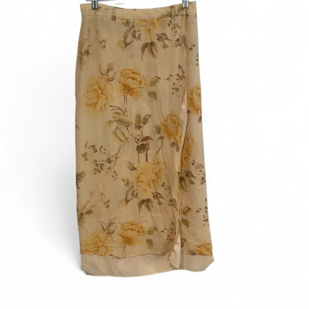 ELLEN TRACY YELLOW FLORAL PRINT 100% SILK MIDI SKIRT SIZE 10